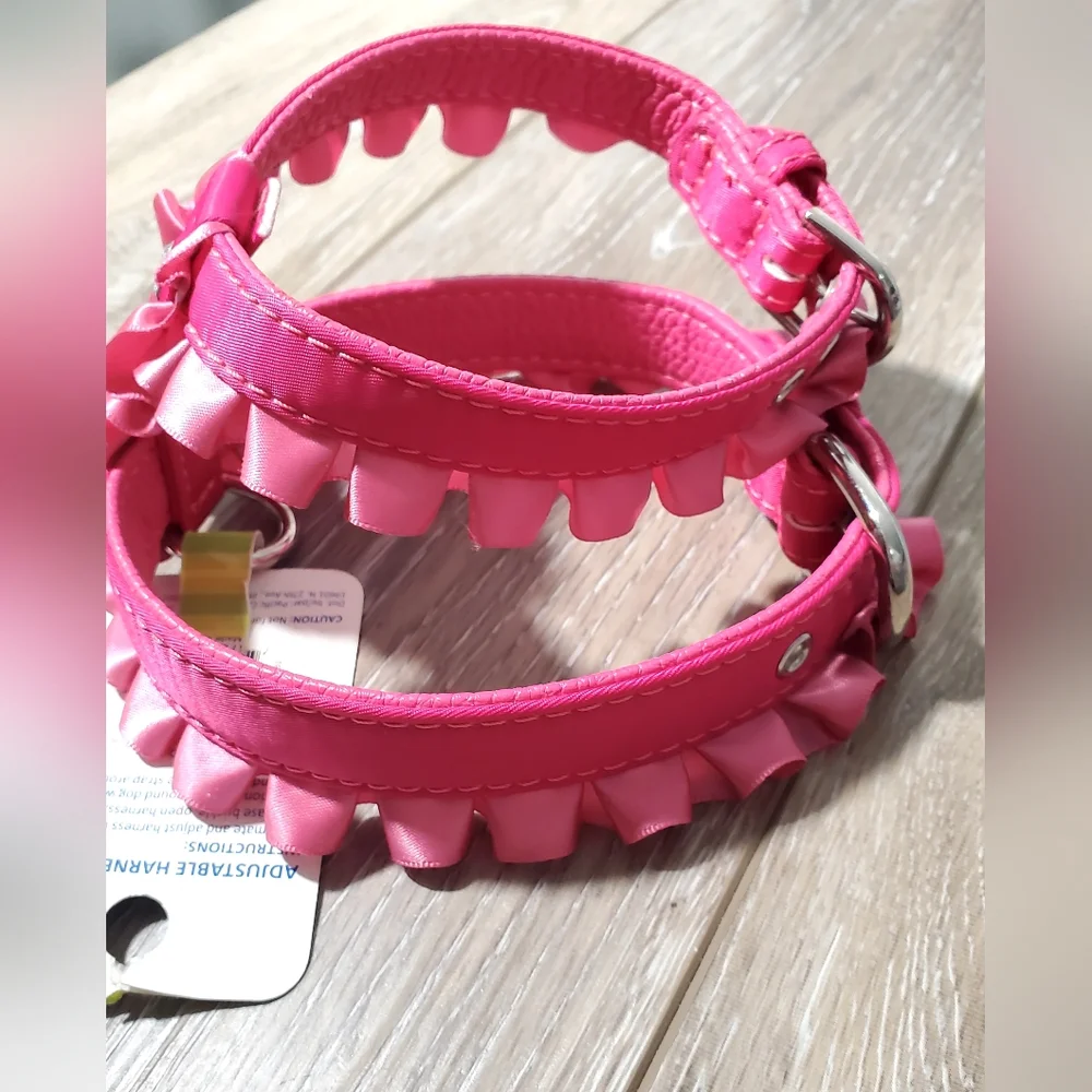 Hot Pink Ruffled Rhinestone Dog Harness With Silver Buckles Size XS
